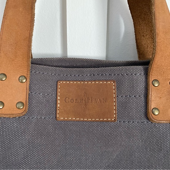 COLE HAAN Brown Leather & Navy Canvas Tote Bag - Picture 5 of 8